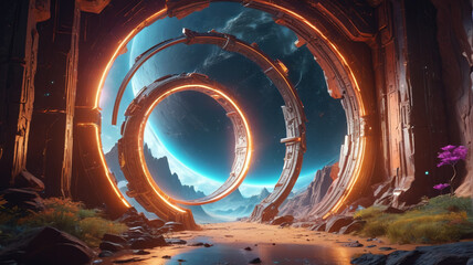 Fantasy magic portal depicted as a space game gate on planet lands. Generative AI.
