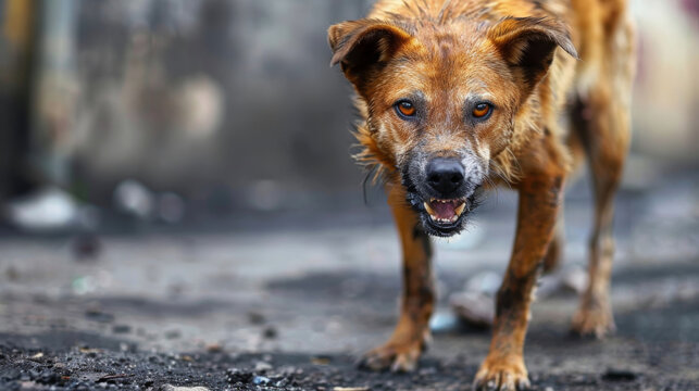 angry aggressive dog on the city street dangerous and may be infected. Rabies concept