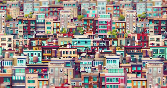 Houses in the city, paralax background, loop animation.