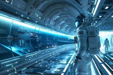 Fototapeta premium Futuristic Space Station Corridor with Astronauts and Advanced Technology