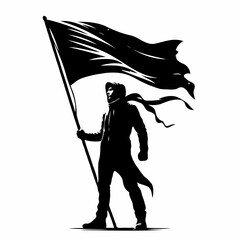 Heroic Defiance: Monochromatic Silhouette of a Figure Wielding a Flag in a Dramatic Stance, Symbolizing Resistance and Revolution in Bold Graphic Style