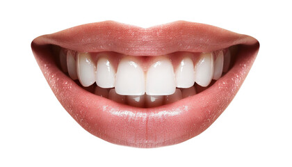 Close-up of a smiling mouth with white teeth, showcasing dental health, oral hygiene, and a perfect smile. Ideal for dental care promotions.