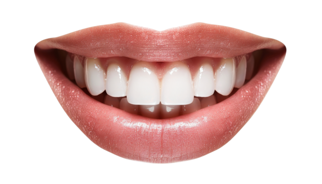 Close-up of a smiling mouth with white teeth, showcasing dental health, oral hygiene, and a perfect smile. Ideal for dental care promotions.