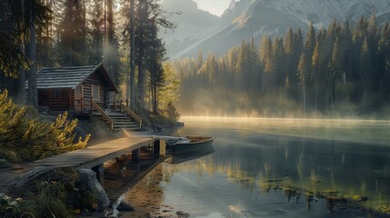 Tranquil Lakeside Cabin in Misty Mountain Forest at Sunrise