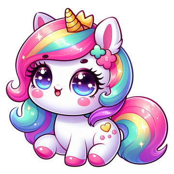 Naklejki A  cartoon-style unicorn with a rainbow-colored mane and tail sits