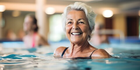 Obraz premium Elderly women happily participating in aqua fit class promoting healthy retirement. Concept Healthy Aging, Senior Fitness, Aqua Fit Class, Elderly Care, Active Retirement