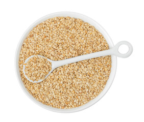 Sesame seeds in ceramic bowl isolated on white background. Top view. Flat lay