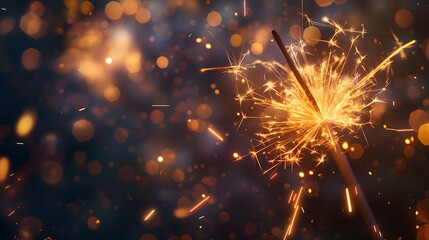 Close-up of a lit sparkler with vibrant sparks and bokeh lights in the background, creating a festive mood