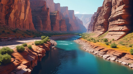 A canyon with a river depicted in a vector simple 3D smooth cut isolated illustration. Generative AI.