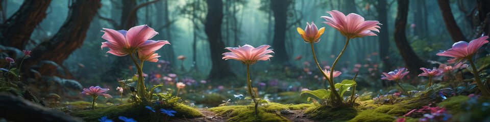 Fantasy alien flower portrayed as a magic forest plant game set. This fairy tale isolated asset is perfect for a fantastic wonderland nature landscape,  Generative AI.