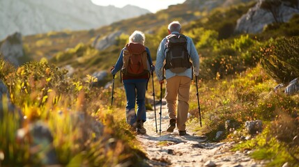 A senior couple hiking on a scenic mountain trail. They are equipped with backpacks and walking sticks, enjoying nature and staying active. - Powered by Adobe