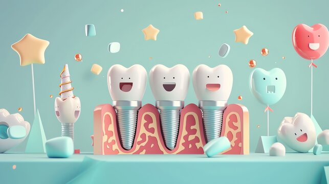 Cute dental scene with smiling teeth, stars, and balloons. Whimsical and cheerful dental care concept in pastel colors.