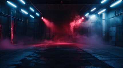 Dark industrial setting with dramatic red and blue lighting, fog creating a mysterious futuristic sci-fi atmosphere.