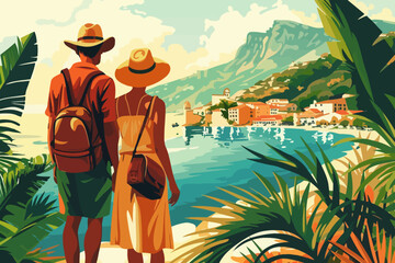 Obraz premium A couple in hats and backpacks explore a charming coastal town, surrounded by lush greenery and clear blue water. Flat vector illustration isolated.