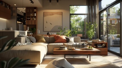 Modern Cozy Living Room with Natural Light and Indoor Plants