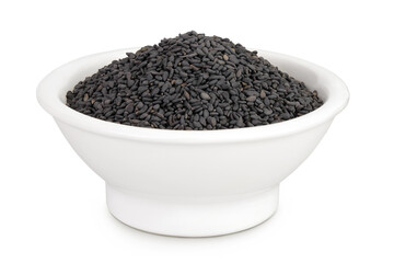 black sesame seeds in ceramic bowl isolated on white background with full depth of field
