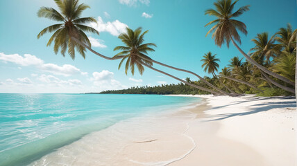 Fototapeta premium A tranquil beach with turquoise waters, white sand, and palm trees swaying in the breeze. Generative AI.