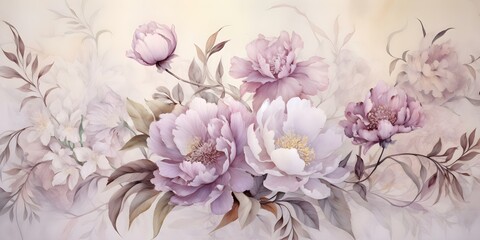 Watercolor floral pattern with peonies leaves soft colors on vintage background. Concept Floral Watercolor Pattern, Peonies, Soft Colors, Vintage Background