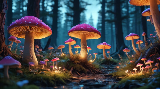 An enchanted forest with glowing mushrooms and mystical creatures under a twilight sky. Generative AI.