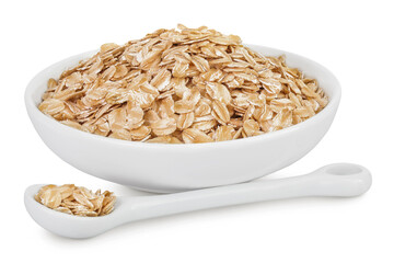 Oat flakes in ceramic bowl isolated on white background with full depth of field
