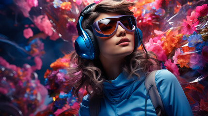 Portrait of a modern woman with headphones and VR glasses, surrounded by a dynamic scene futuristic environment full of colorful flowers