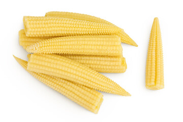 Pickled young baby corn cobs isolated on white background Top view. Flat lay