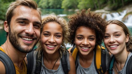 Fototapeta premium A group of diverse friends with backpacks smiling at the camera, standing in front of a serene waterfall surrounded by lush greenery, highlighting adventure, nature, and happiness.