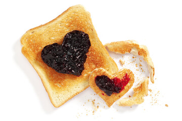 Toast with jam in the shape of a heart