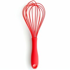Silicone whisk with a flexible, colorful head in bright red, isolated solid white background of, without shadow, single object, detailed, PNG dicut style