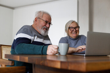 Distraught senior couple e-banking with credit card and laptop at home.