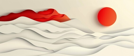 Naklejka premium sunrise, sunset in Asian style, papercut style, copy space, place for text