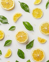 Fresh Lemon Slices and Green Leaves Pattern on White Background