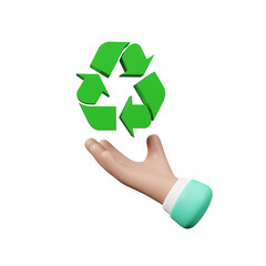 3D Cartoon hand holding recycle logo on transparent background. Reduce Reuse Recycle symbol. Eco-friendly concept for sustainable living and environmental conservation. 3d rendering illustration