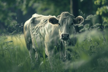 Grazing Cow in Lush Green Meadow with Sunlit Background