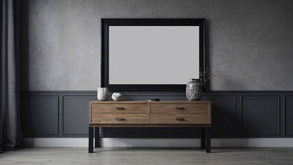 Grey gallery room interior with drawer and decoration, mockup frame, photo frame