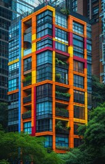 Fototapeta premium Brightly colored modern skyscraper architecture in the rain forest created with Generative AI technology