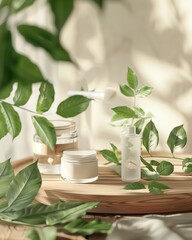 Natural Skincare Products with Green Leaves on Wooden Tray in Sunlit Setting