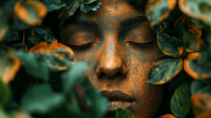A close-up of a face partially obscured by lush orage foliage. The face appears to be painted or coated with a orange substance, giving it a harmonious blend with the surrounding