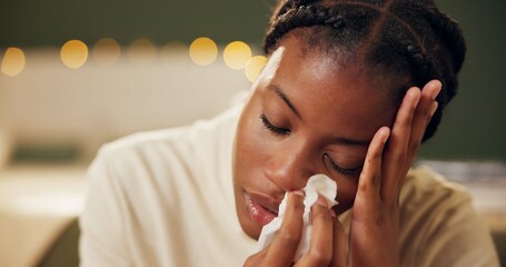Woman, sick and tissue for sneezing in home with blowing nose, recovery and night virus in living...