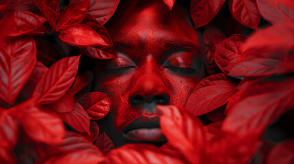 A close-up of a face partially obscured by lush red foliage. The face appears to be painted or coated with a red substance, giving it a harmonious blend with the surrounding
