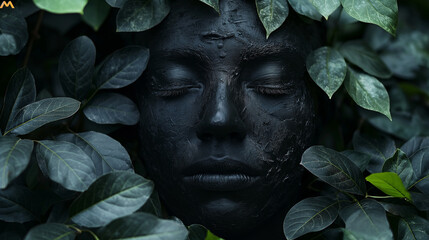 A close-up of a face partially obscured by lush black foliage. The face appears to be painted or coated with a black substance, giving it a harmonious blend with the surrounding
