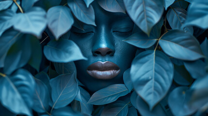 A close-up of a face partially obscured by lush blue foliage. The face appears to be painted or coated with a blue substance, giving it a harmonious blend with the surrounding