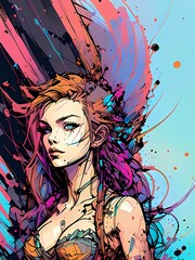 Woman in Inkpunk style with bright colors