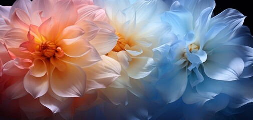 Obraz premium Close-up of three vibrant, multi-colored dahlia flowers in bloom against a dark background, showcasing their natural beauty and intricate petals.