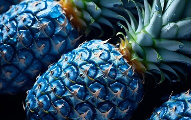 Close-up of vibrant blue pineapples with intricate textures and details, highlighting unique color and exotic appearance under cool lighting.