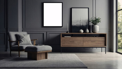 Grey gallery room interior with drawer and decoration, mockup frame, photo frame