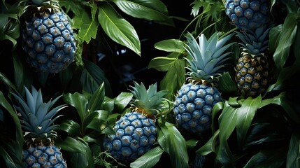 Close-up of tropical pineapples surrounded by lush green leaves, with a dark background highlighting their unique vibrant colors.