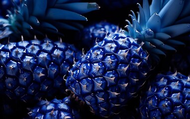 Close-up of vibrant, abstract blue pineapples in a creative display. The unique colors create a striking visual effect.