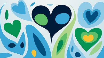 Colorful abstract heart shapes in blue and green tones creating a modern and playful design. Perfect for art and design projects.