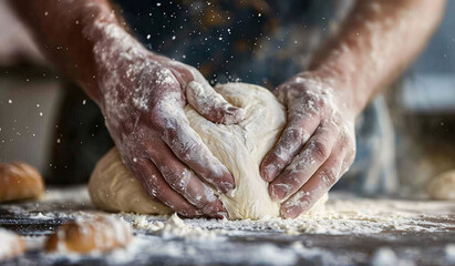 Fototapeta premium Baker's Hands Kneading Dough